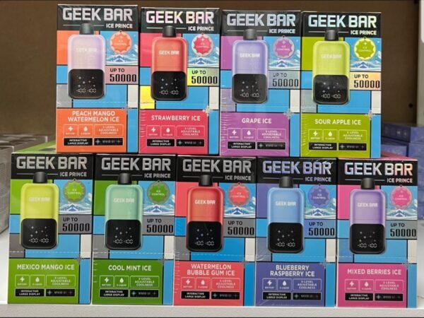ChatGPT said: Key Features: Up to 50,000 puffs for ultra-long use 5% nicotine for a smooth, strong hit Rechargeable battery with Type-C charging Smart LED display for battery and e-liquid levels Leak-proof design for clean vaping Sleek “Ice Prince” look with icy flavor options Specifications: Brand: GEEK BAR Model: Ice Prince 50K Puff Count: 50,000 Nicotine Strength: 5% (50mg/ml) Battery Capacity: 650mAh (rechargeable) E-liquid Capacity: 20ml Charging Port: Type-C Activation: Draw-activated Display: LED screen