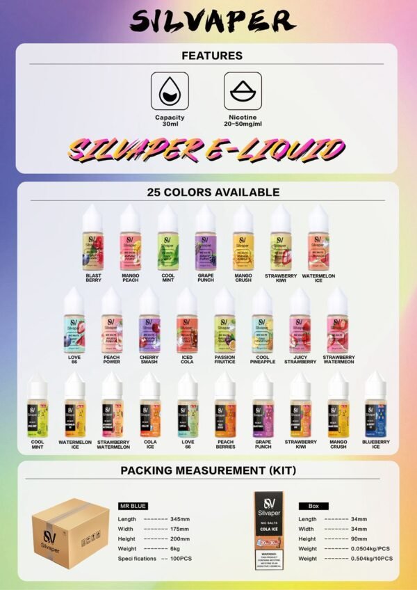 Silvaper E-Liquid Juice, 20Mg50Mg Nicotine, 30ML Bottle Size, Available Flavors.