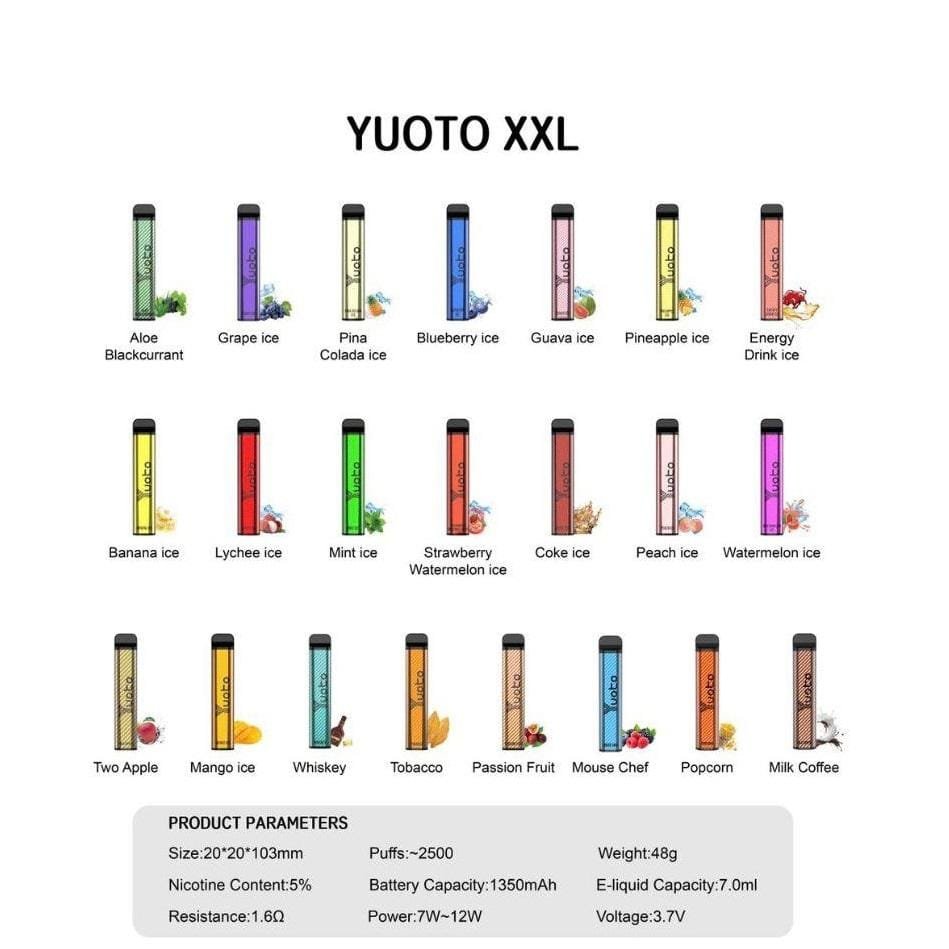 YOUTO XXL 2500 Puffs, 5%Nicotine, Disposable Vape.